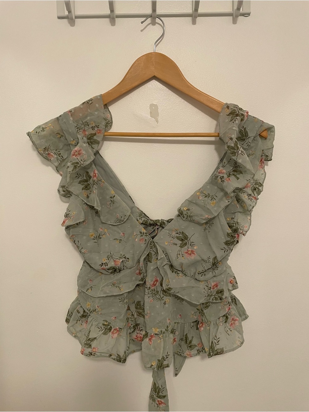 Trixxi Sage Green Floral Ruffle Tie-Front Blouse